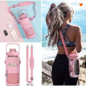 NWT Half Gallon 64 OZ Water Bottle w/ Straw Time Marker BPA Free Black ONLY